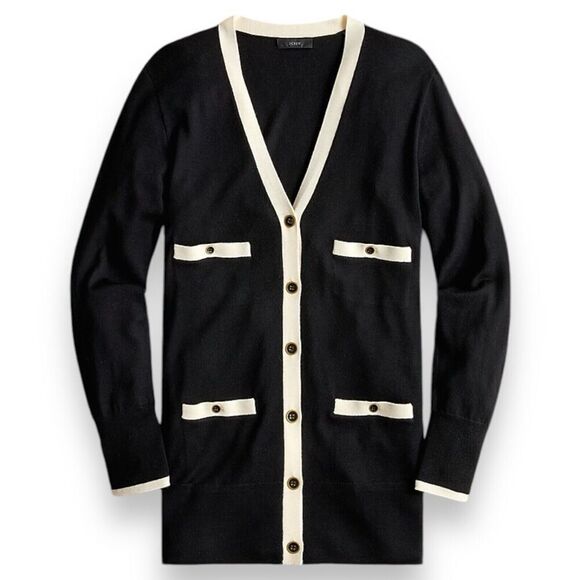 J Crew Sweater WMNS XS Black Cardigan Merino Wool Contrast‎ Trim Ivy Long Preppy - Picture 1 of 11